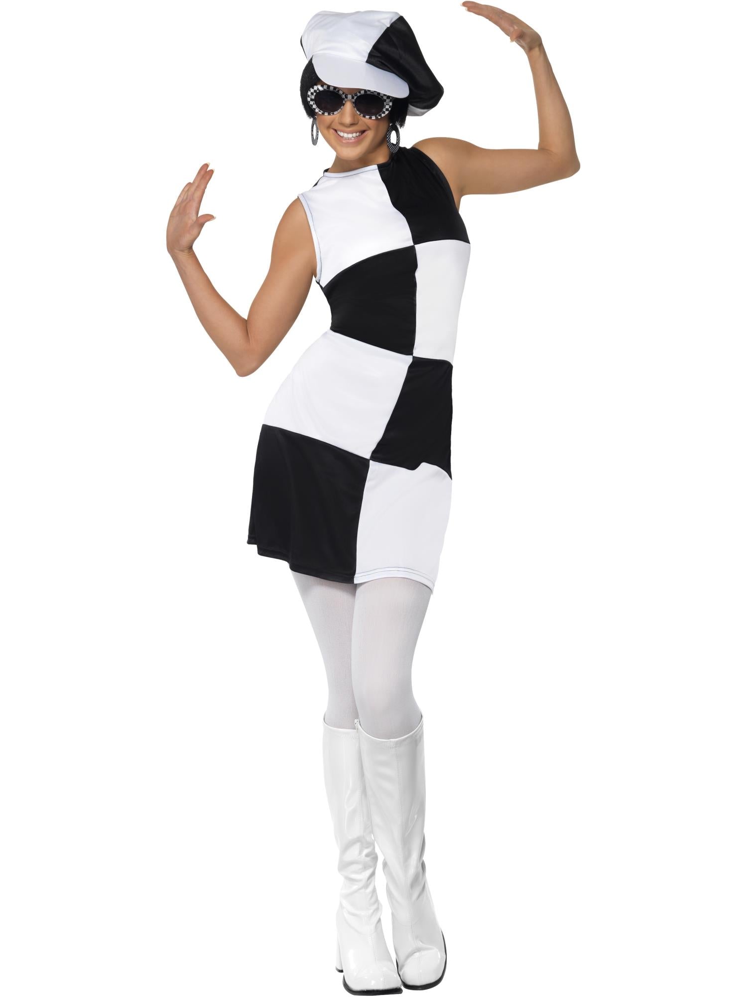 60er-Jahre-Party-Girl-Kostüm, schwarz-weiß
