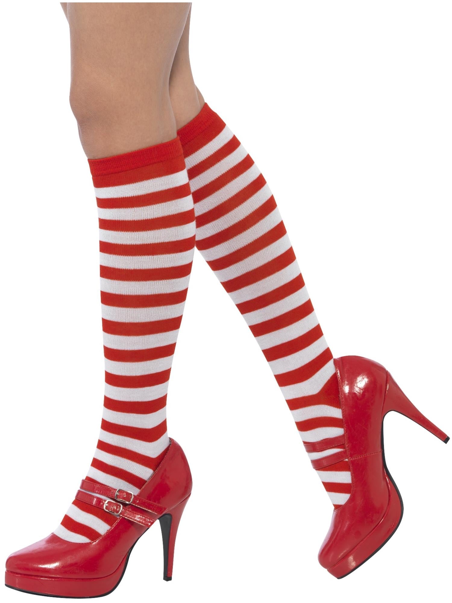 Striped Socks, Long, Red & White