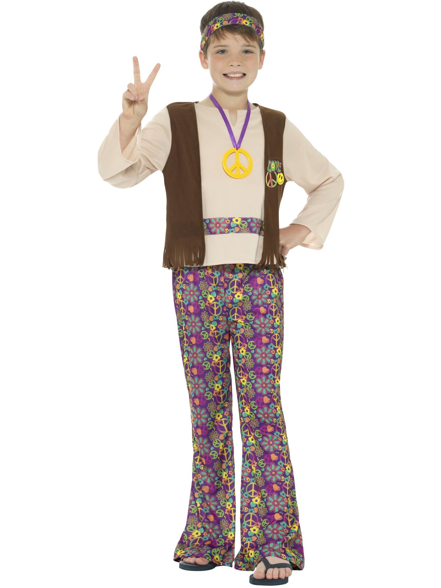 Hippie-Jungen-Kostüm, mit Oberteil, integrierter Weste,