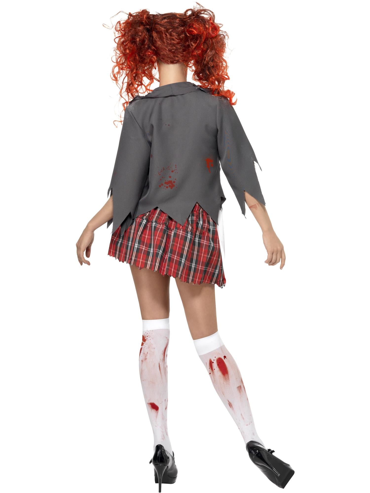 Horrorkostuum voor middelbare scholieren: zombie-schoolmeisje, grijs