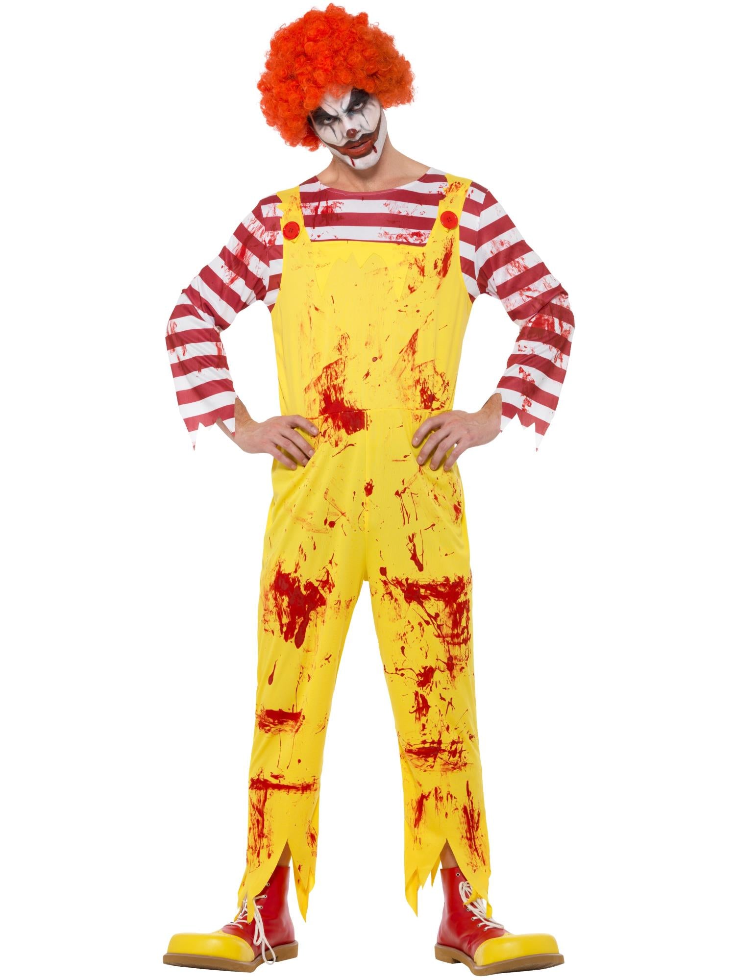 Griezelig moordende clownkostuum, geel en rood