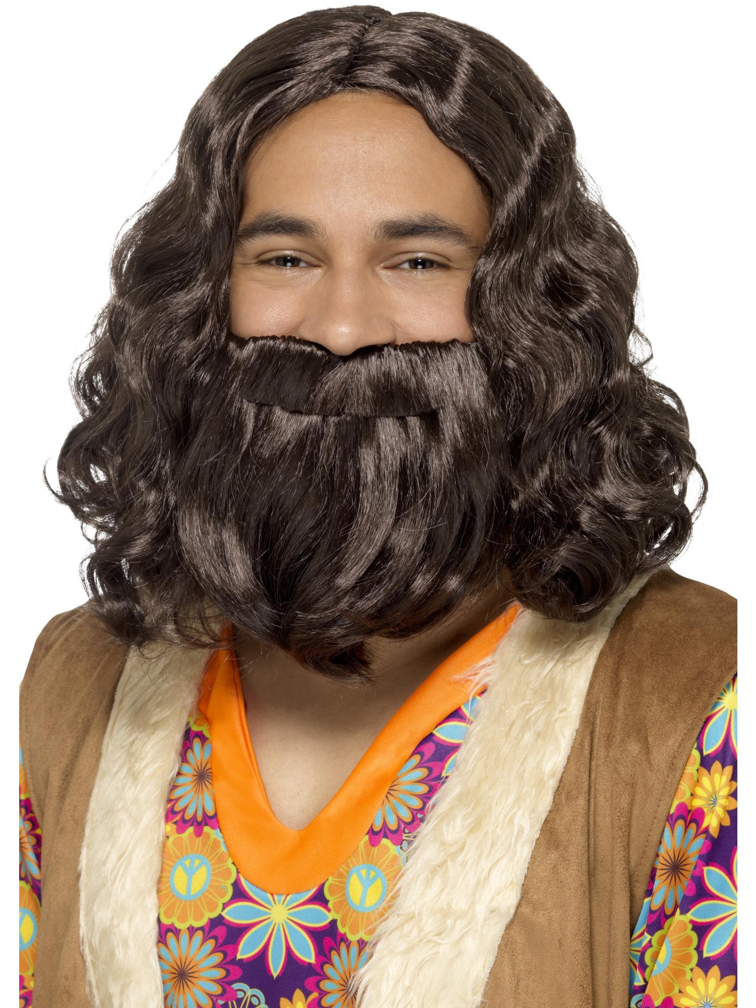 Hippie/Jezus-pruik- en baardset, bruin