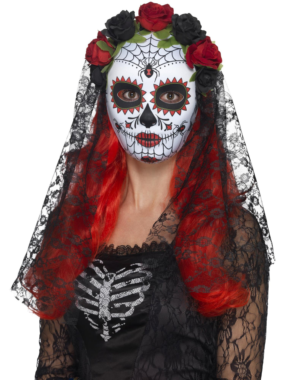 Day of the Dead Senorita Mask, Full Face, Red & Bl