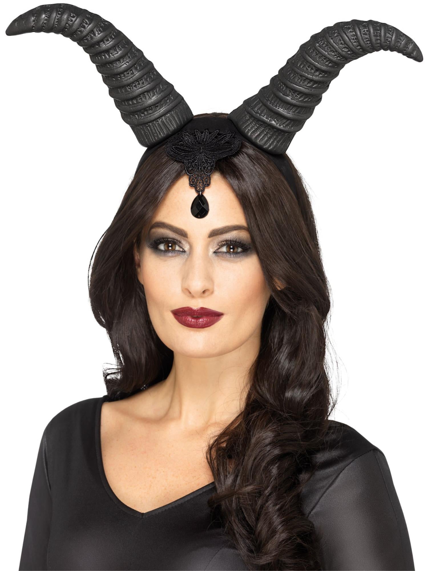 Demonic Queen Horns, on Headband, Black