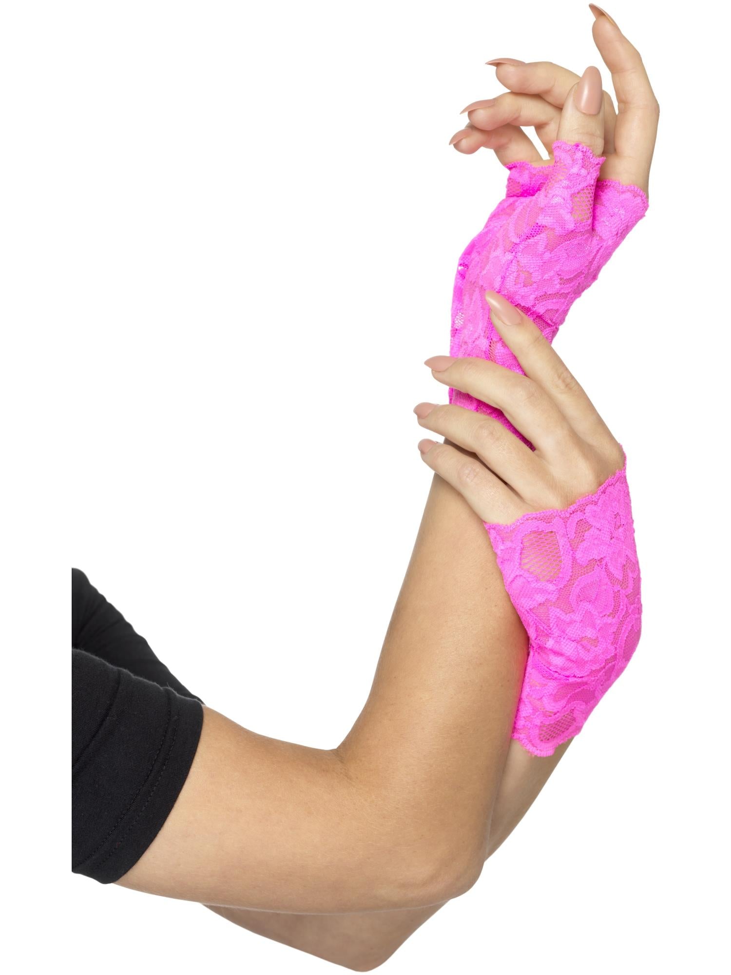 Fingerlose Spitzenhandschuhe im 80er-Jahre-Stil, Neonrosa