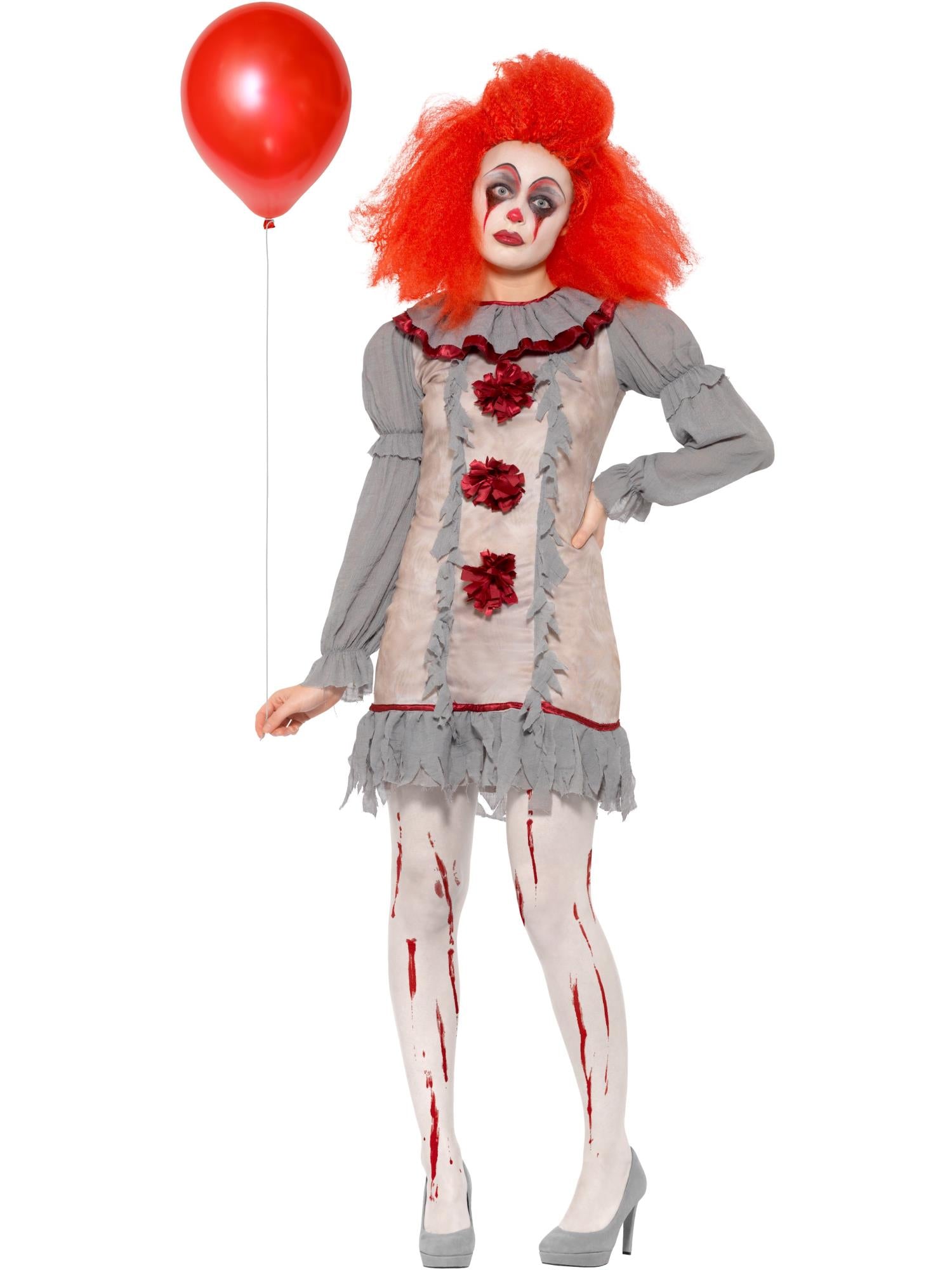 Vintage clownkostuum voor dames, grijs en rood