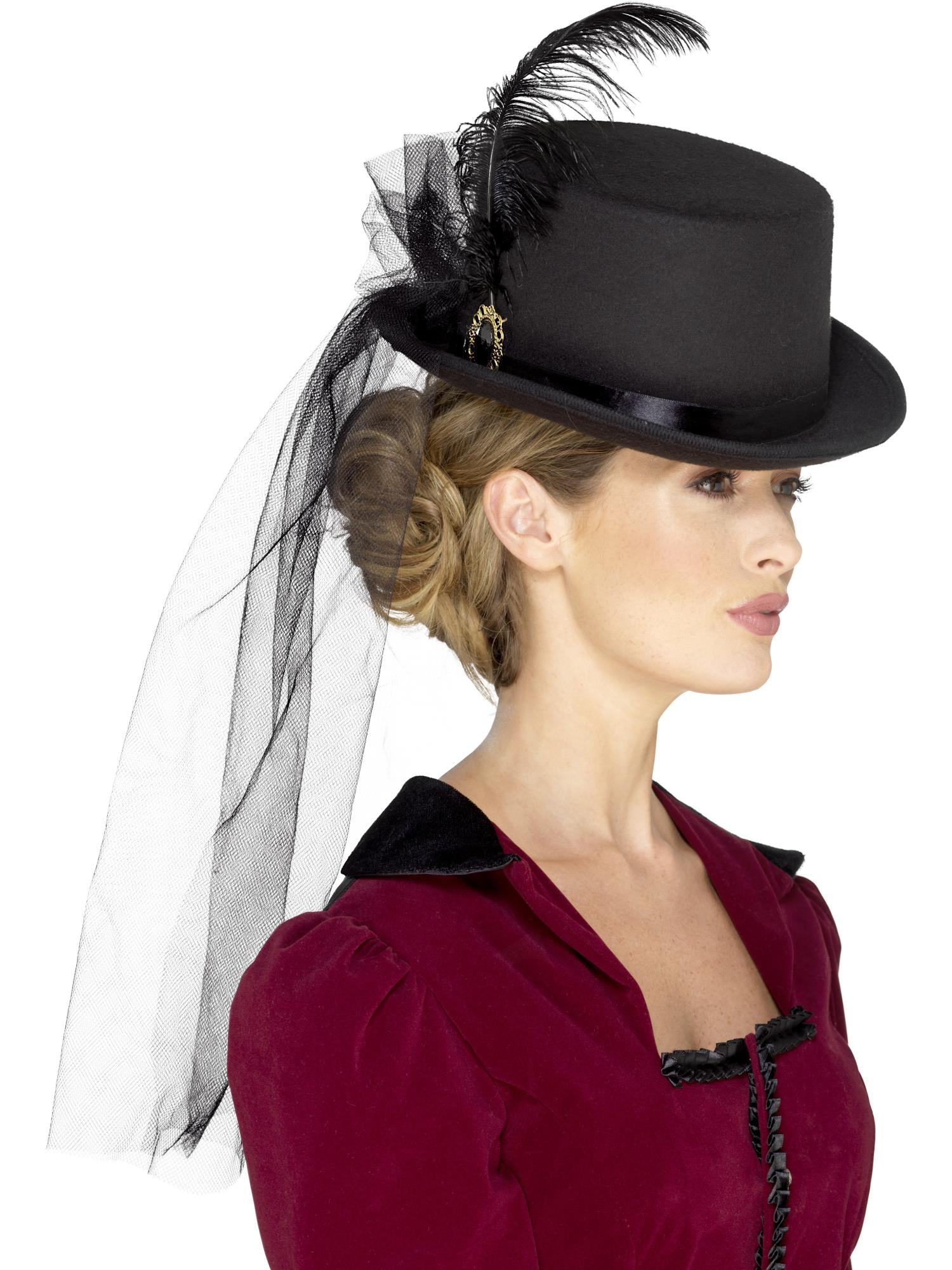 Deluxe Ladies Victorian Top Hat, with Elastic, Bla