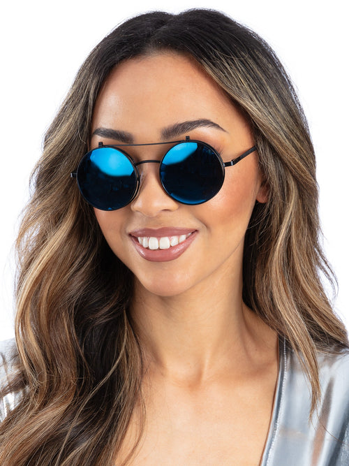 Metallic Blue Flip Up Mirrored Round Specs