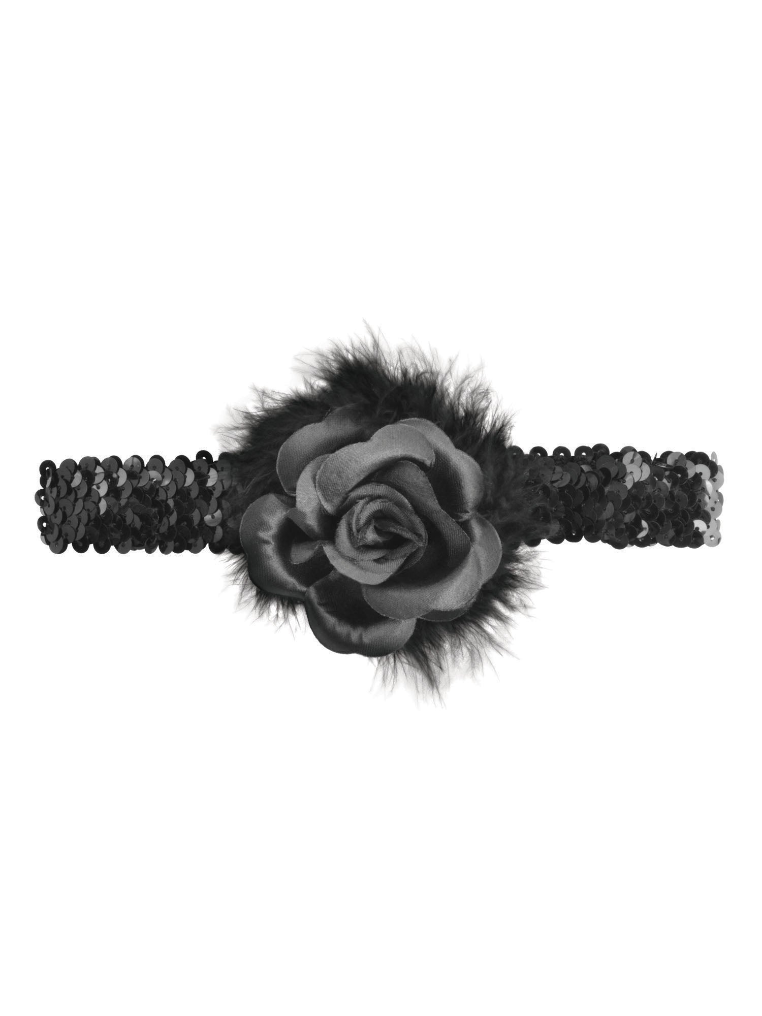 Black Flapper Headband With Rose Boa