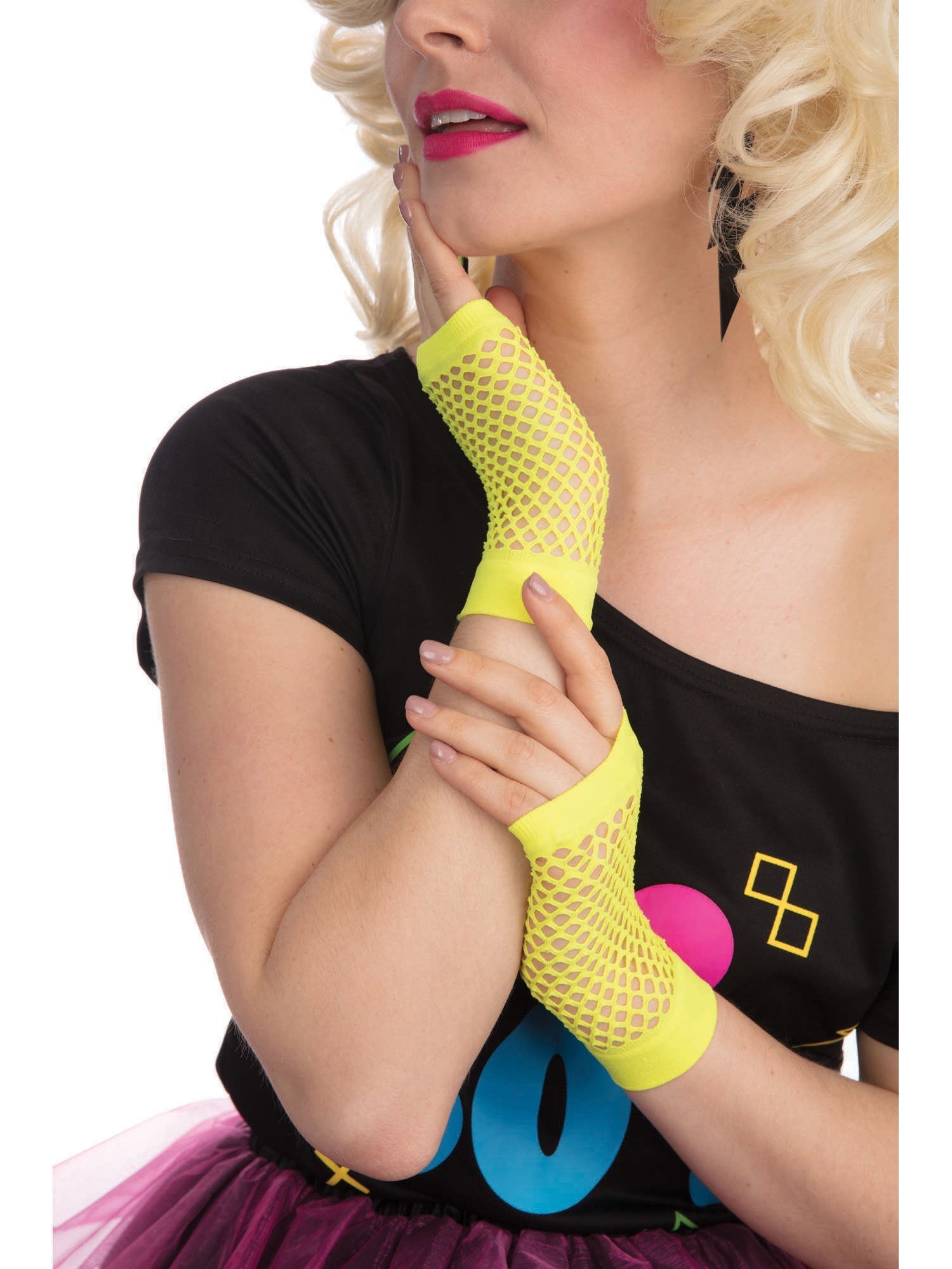 Short Neon Yellow Fishnet Gloves