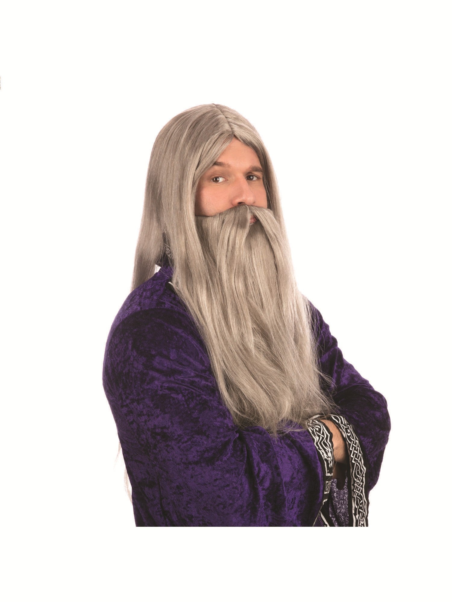 Wizard Perücke und Bart Lang Grau