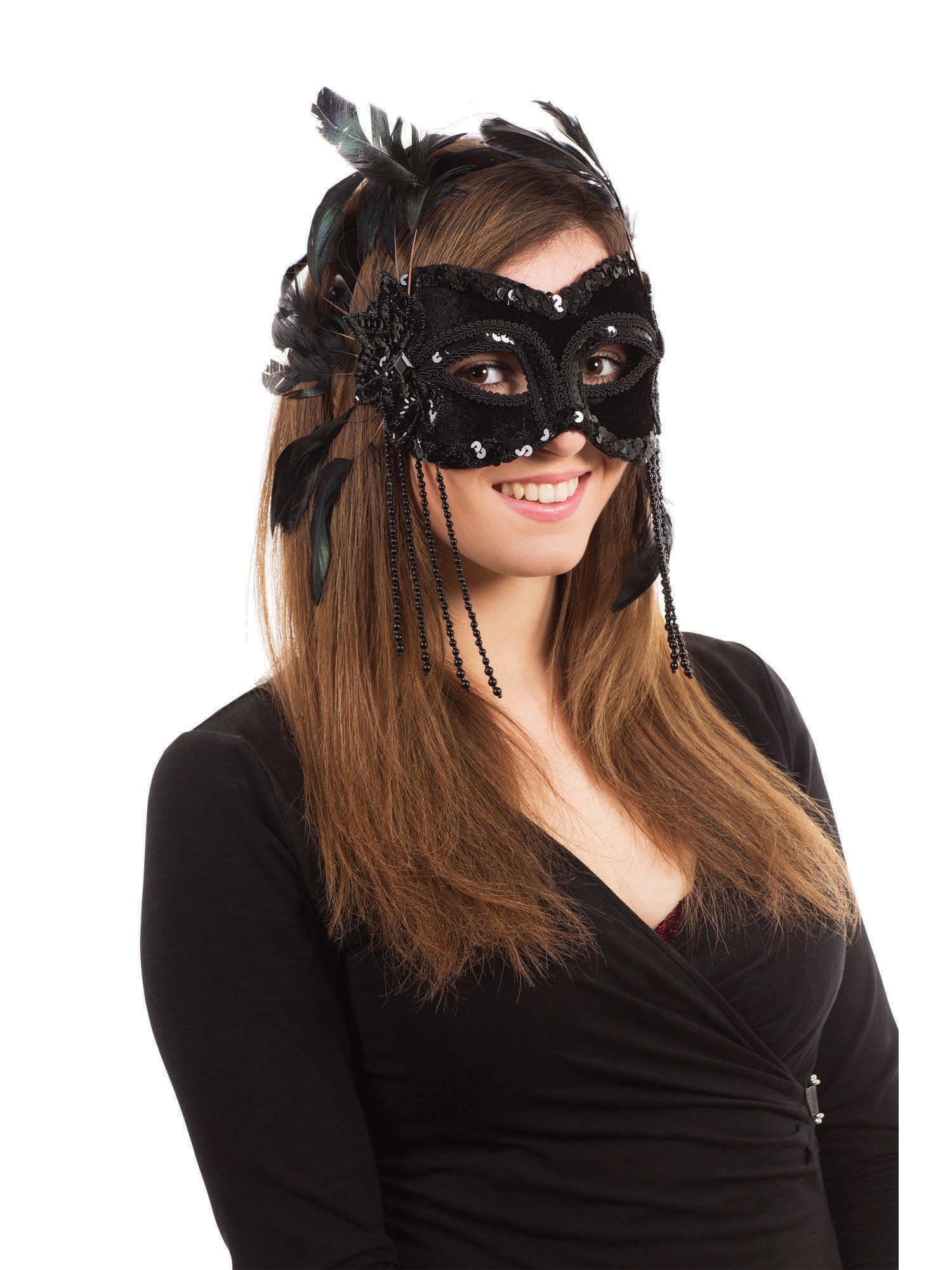 Zwart fluwelen masker met veren