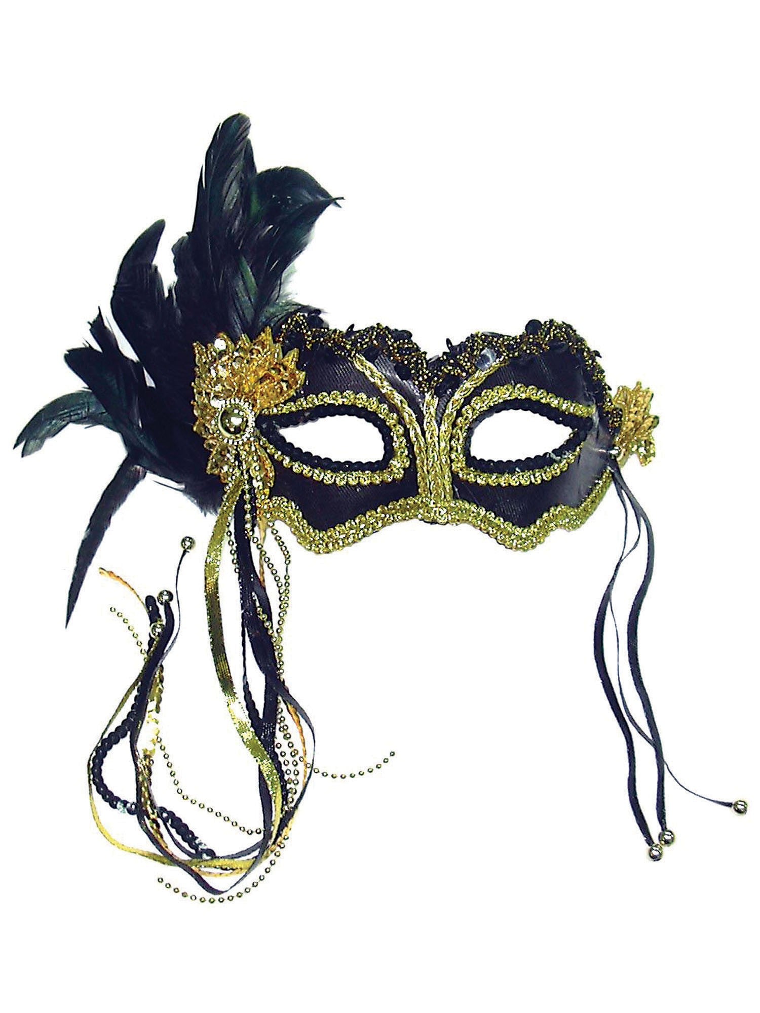 Schwarze Metallic-Maske mit Feder