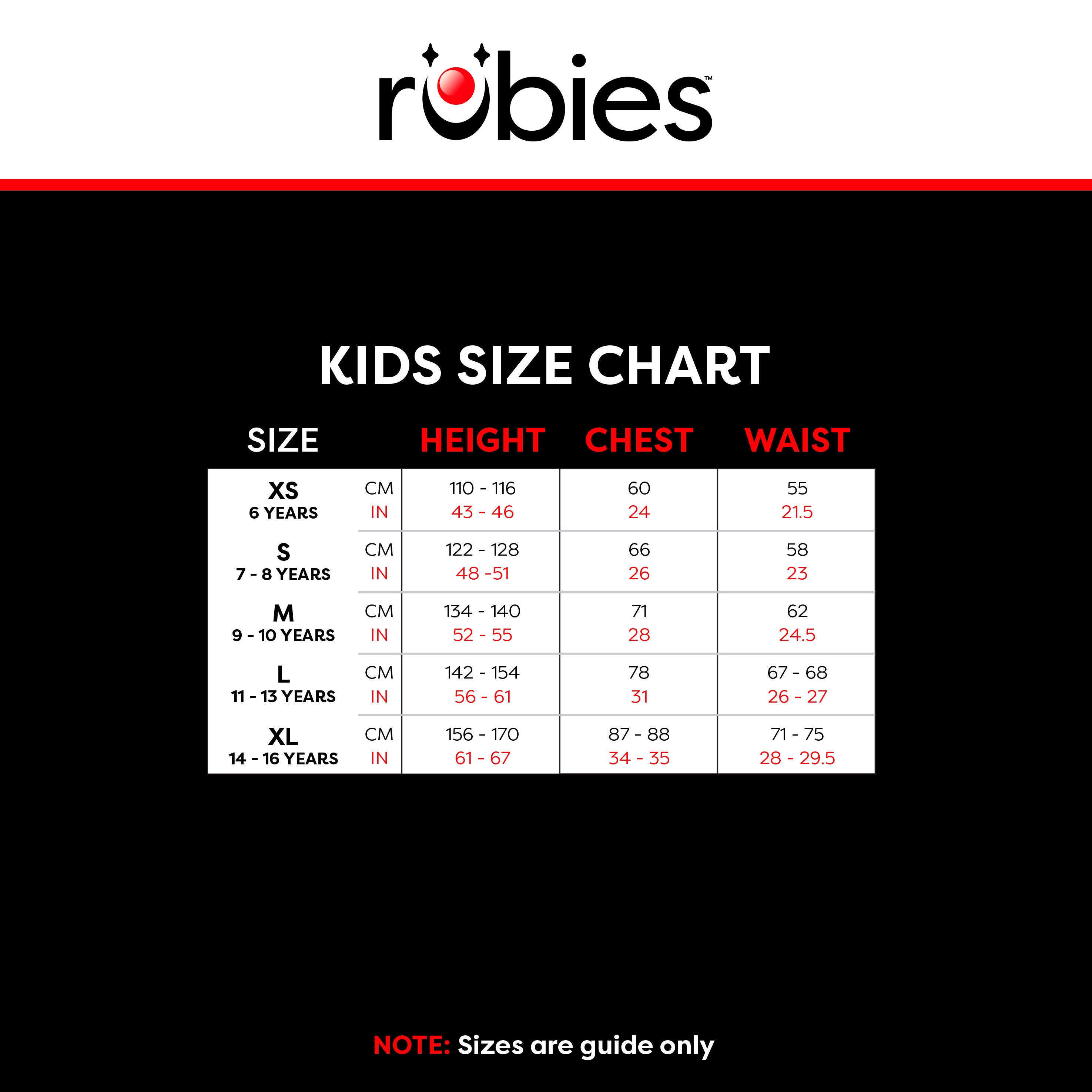 rubies_kpop_kids size chart